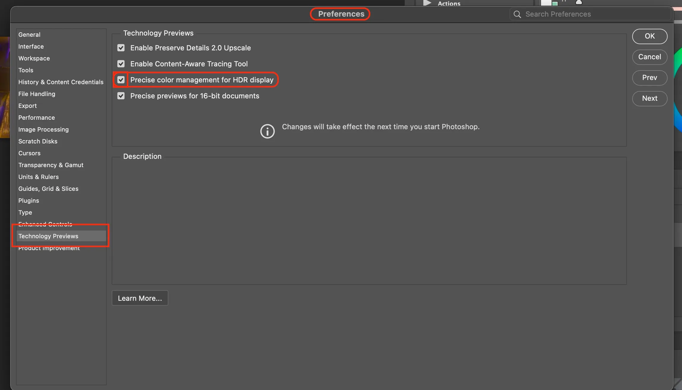 Photoshop Technology Preview preferences with HDR display option enabled